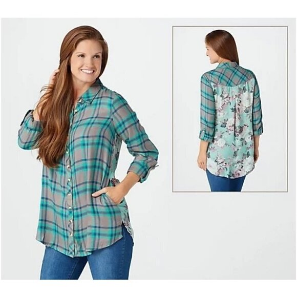 Tolani Collection Button Front Tunic With Printed Back Top Plaid Art To Wear XS - Picture 1 of 10